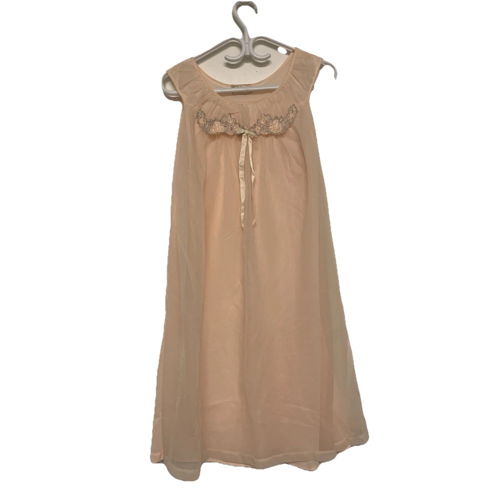 Vintage 60s Dorsay Babydoll Nightgown Peach Floral Embroidered Yellow Bow Dress